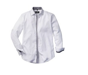 Russell Collection RU964M - Camisa de espinha de peixe de contraste de manga longa de manga comprida masculina White/Silver/Convoy Grey